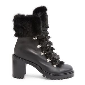 Christian Louboutin Fanny 70 Black Calf Leather Fur Heel Combat Boots 34